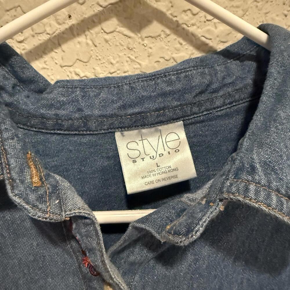 Vintage 90s Style Studio Denim Chambray Fall Pumpkin Autumn Shirt Size Large - Picture 7 of 7